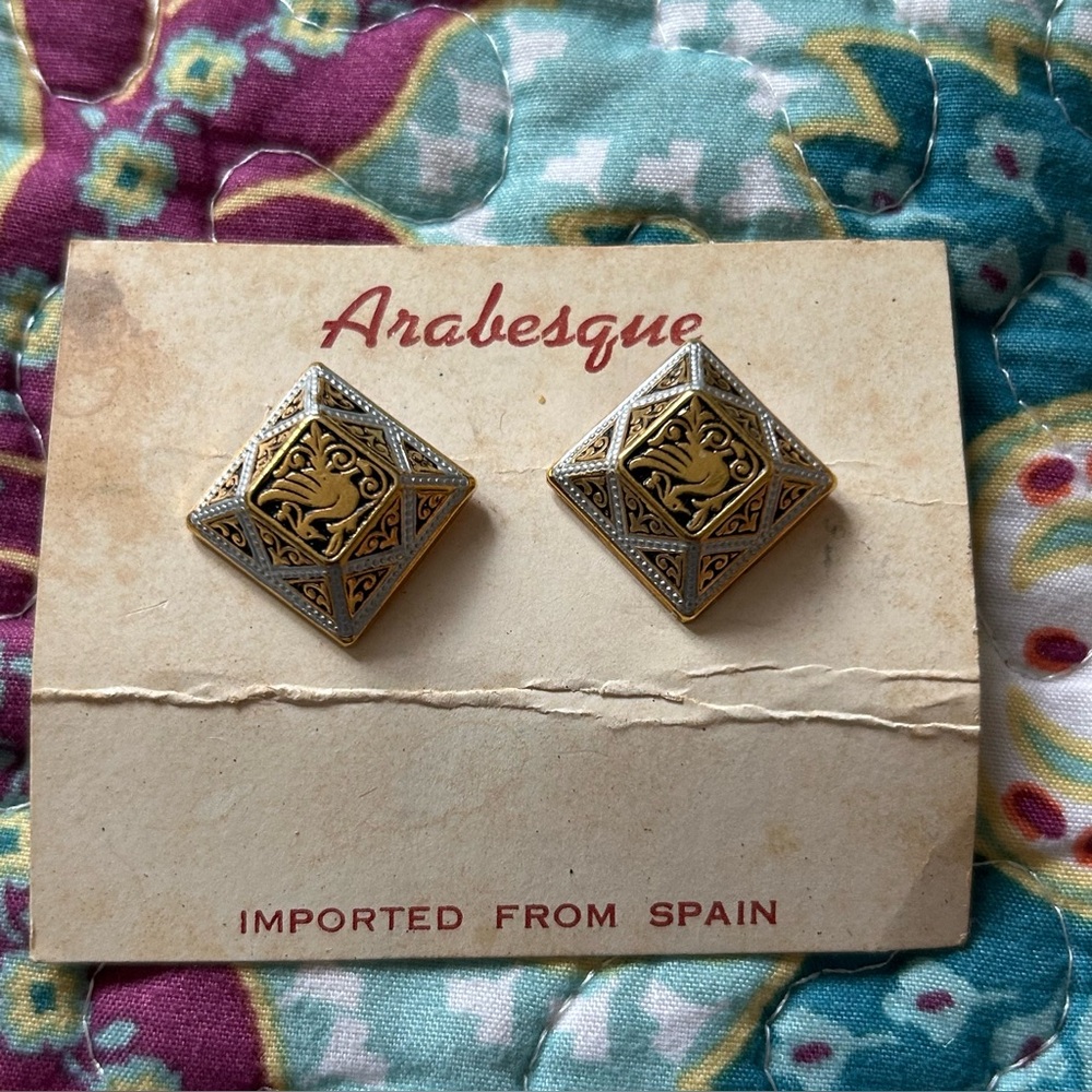 Vintage Arabesque Clip On Earrings Gold Silver Tone Bird Made In Spain